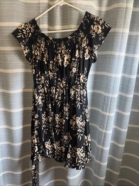 Black Floral Off-Shoulder Dress - Cream Floral Print